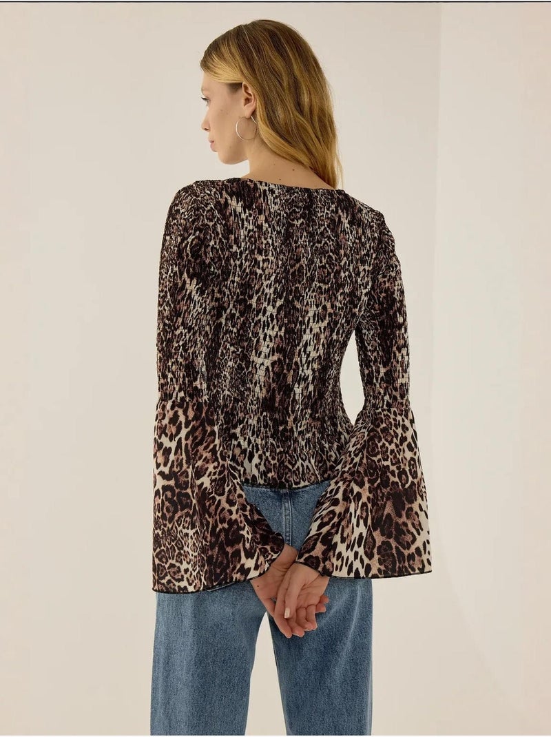 Top met dierenprint en boothals en gerimpeld detail Multicolor - Kiabi