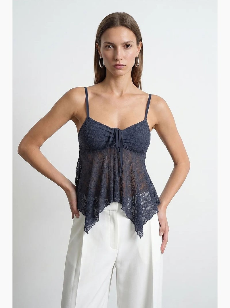 Top met kant en strik voor dilvin Marineblauw - Kiabi