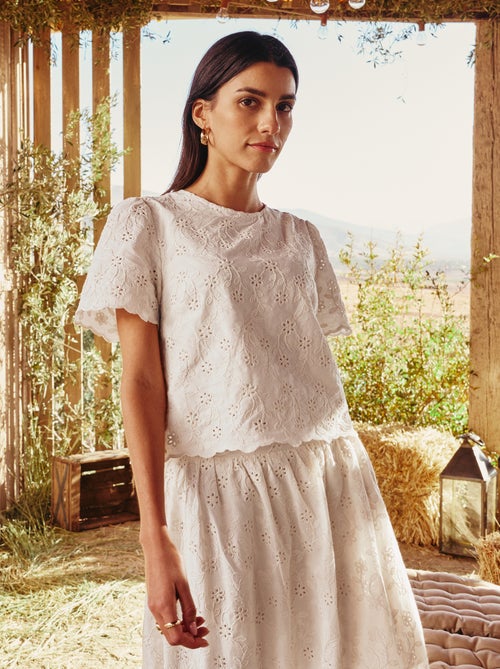 Top met korte mouwen en Engels borduurwerk van effen katoen - Kiabi