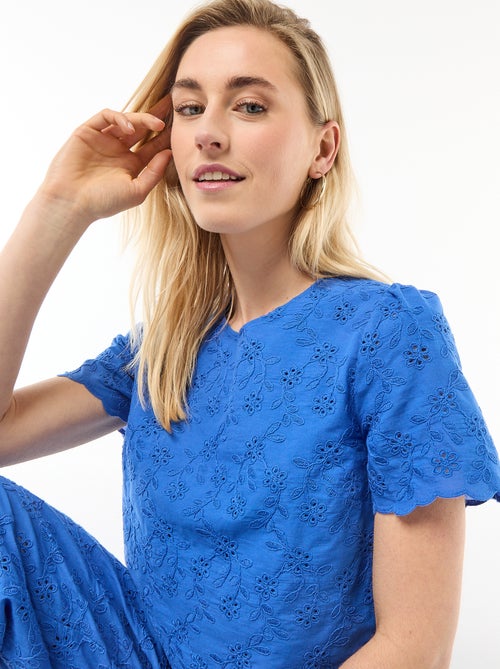 Top met korte mouwen en Engels borduurwerk van effen katoen - Kiabi