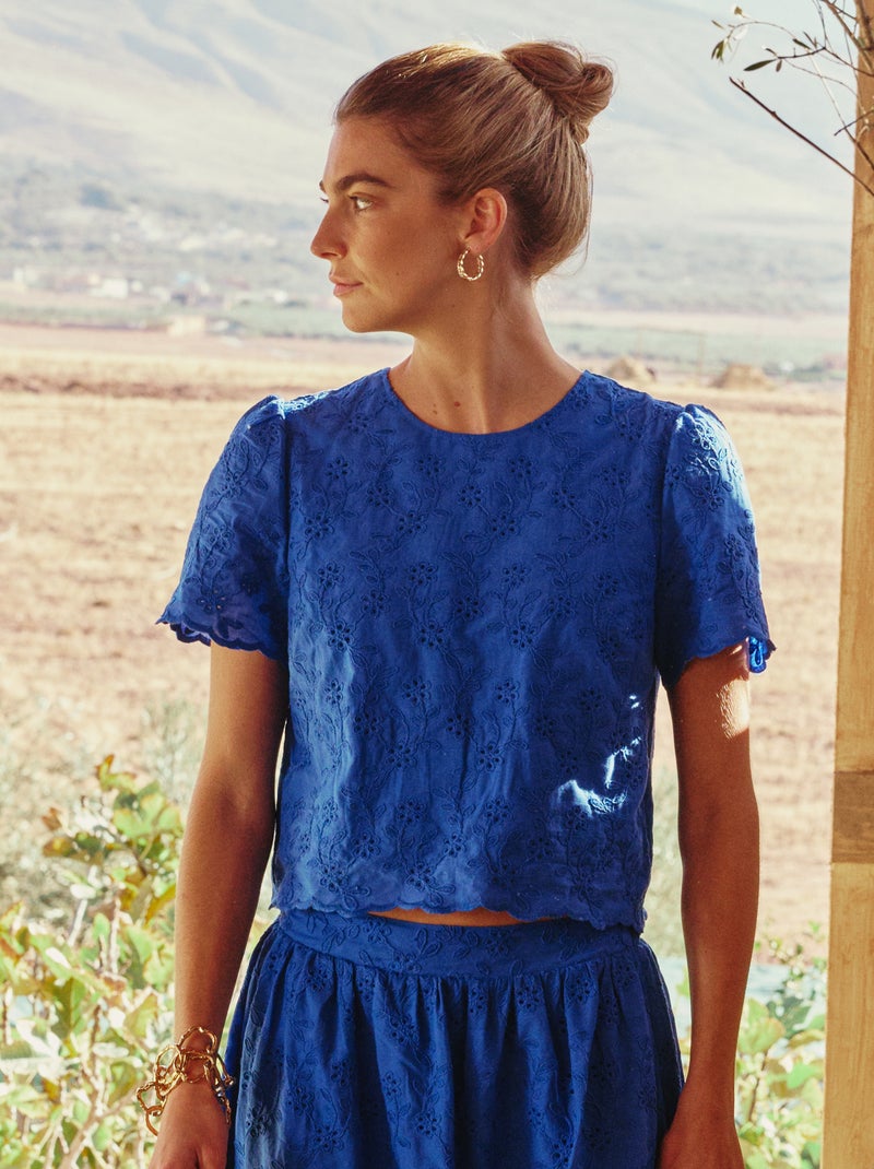 Top met korte mouwen en Engels borduurwerk van effen katoen Blauw - Kiabi