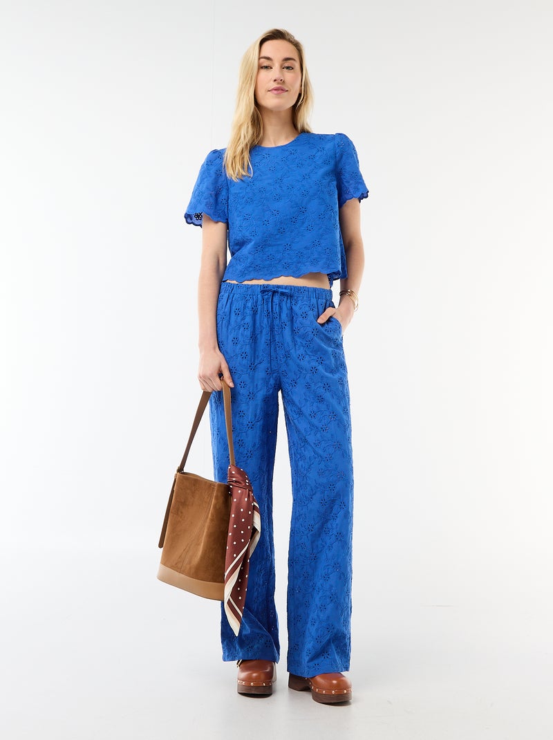 Top met korte mouwen en Engels borduurwerk van effen katoen Blauw - Kiabi