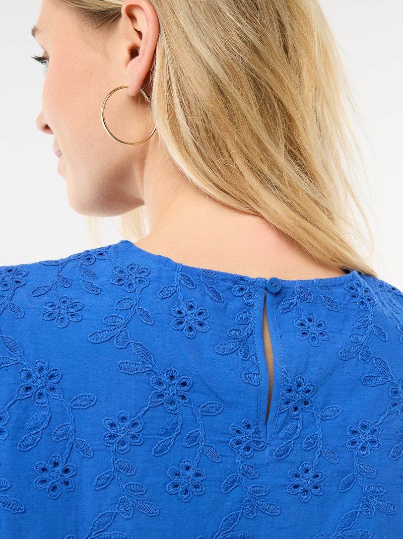 Top met korte mouwen en Engels borduurwerk van effen katoen Blauw - Kiabi
