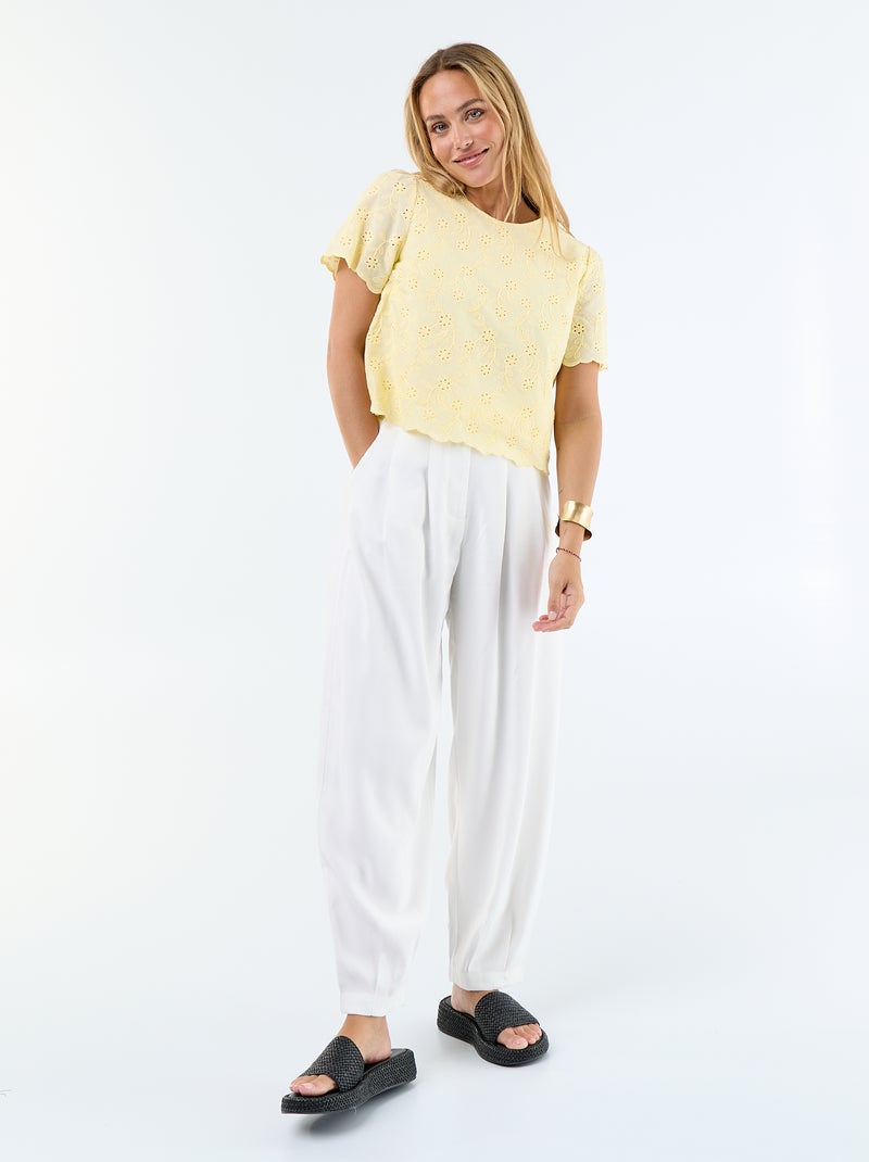 Top met korte mouwen en Engels borduurwerk van effen katoen Geel - Kiabi