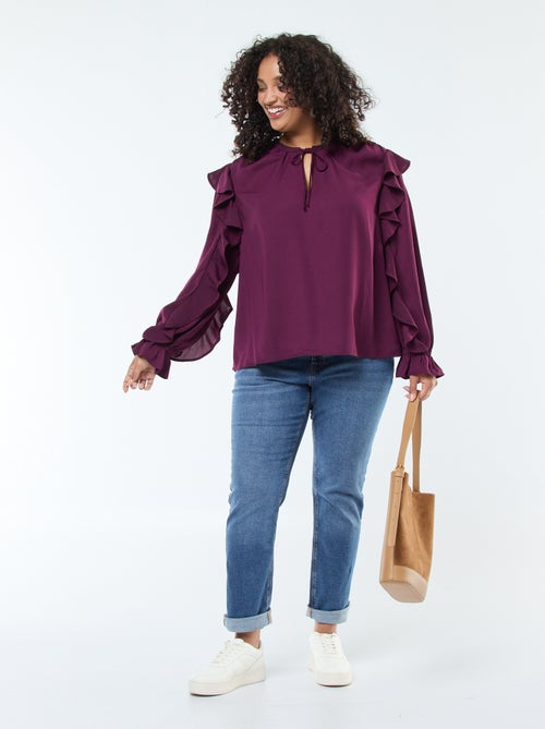 Top met ruches op de schouders en mouwboordjes + strikkoordje aan de hals - Kiabi