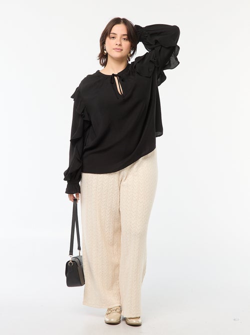 Top met ruches op de schouders en mouwboordjes + strikkoordje aan de hals - Kiabi