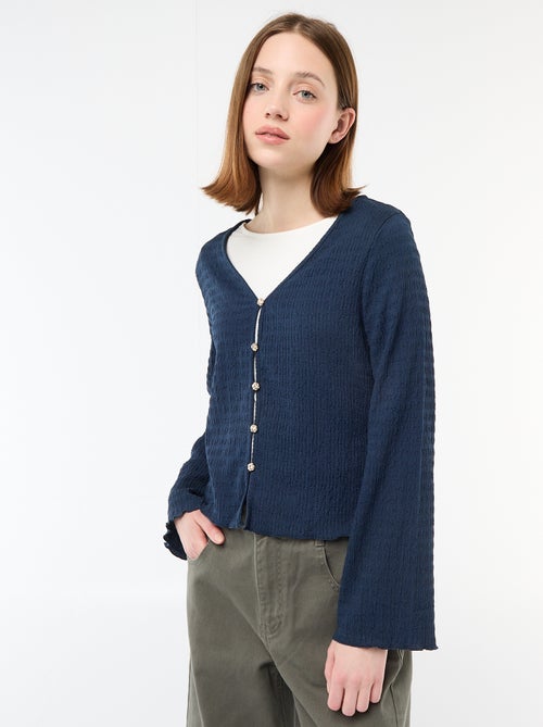 Top met V-hals van gewafelde jerseytricot met goudkleurige knopen - Kiabi