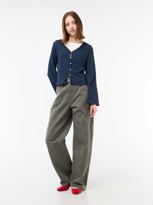 Top met V-hals van gewafelde jerseytricot met goudkleurige knopen - Kiabi