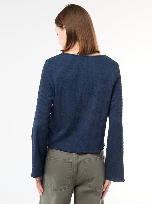 Top met V-hals van gewafelde jerseytricot met goudkleurige knopen - Kiabi