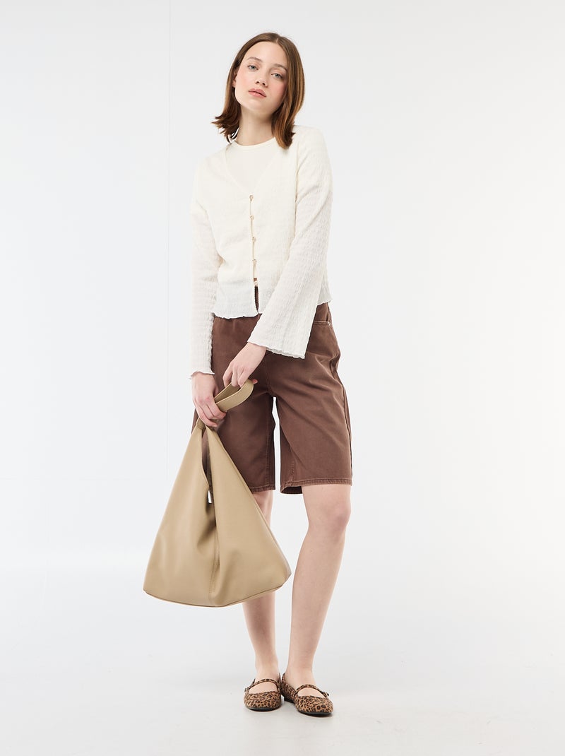 Top met V-hals van gewafelde jerseytricot met goudkleurige knopen Wit - Kiabi