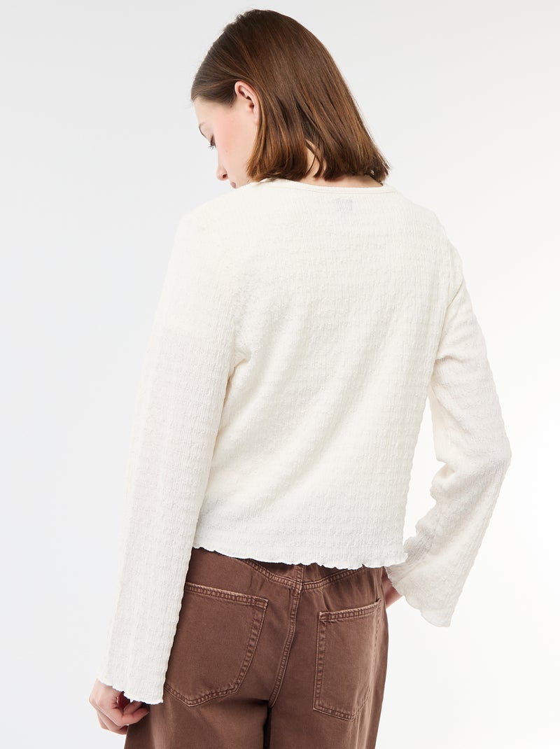 Top met V-hals van gewafelde jerseytricot met goudkleurige knopen Wit - Kiabi