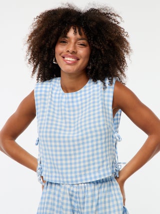 Top met vichyprint en epauletten