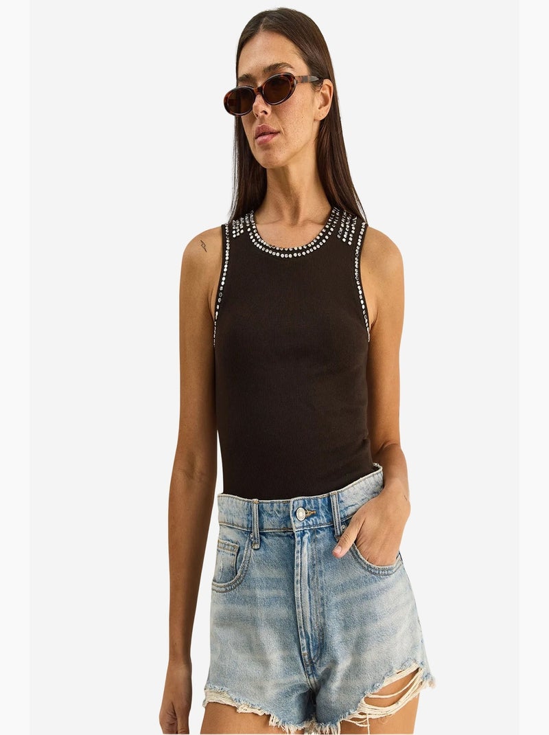 Top rib ronde hals met strass lucci Donkerbruin - Kiabi