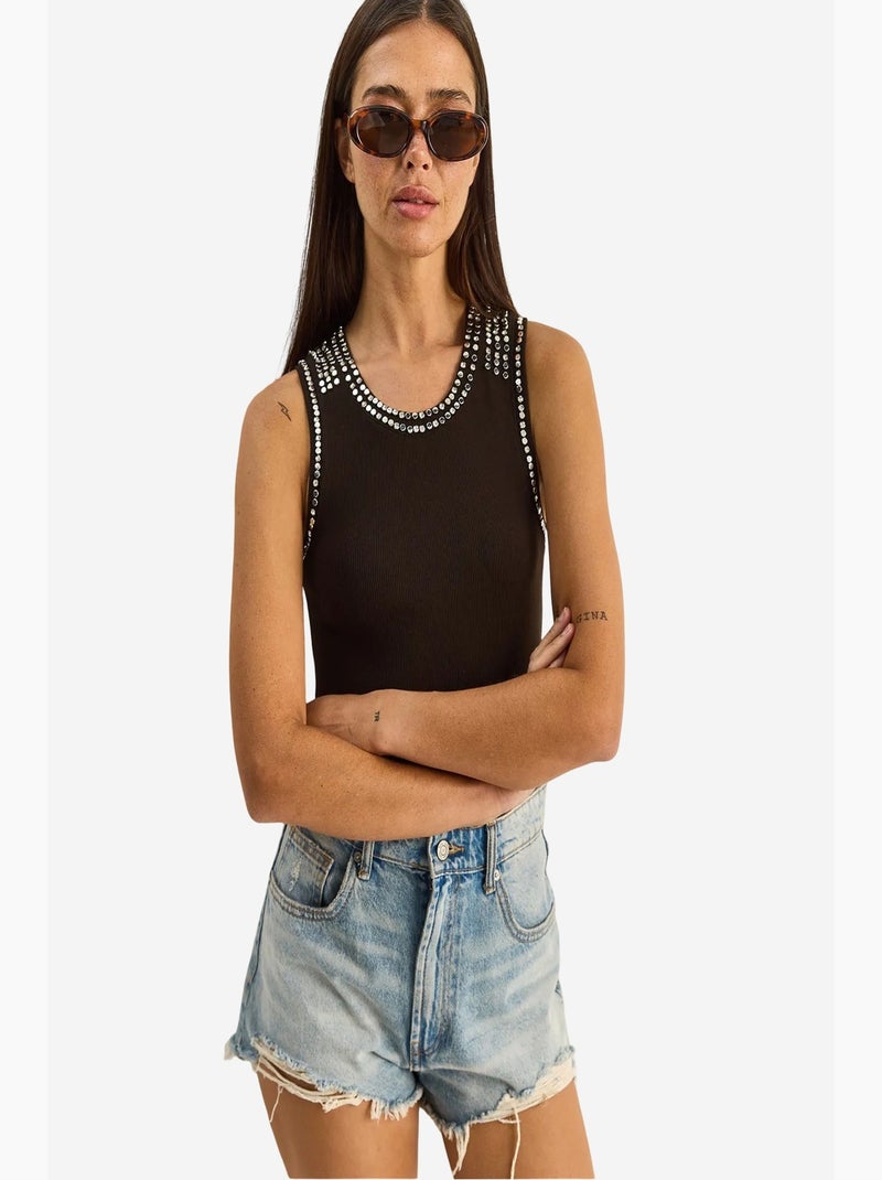 Top rib ronde hals met strass lucci Donkerbruin - Kiabi