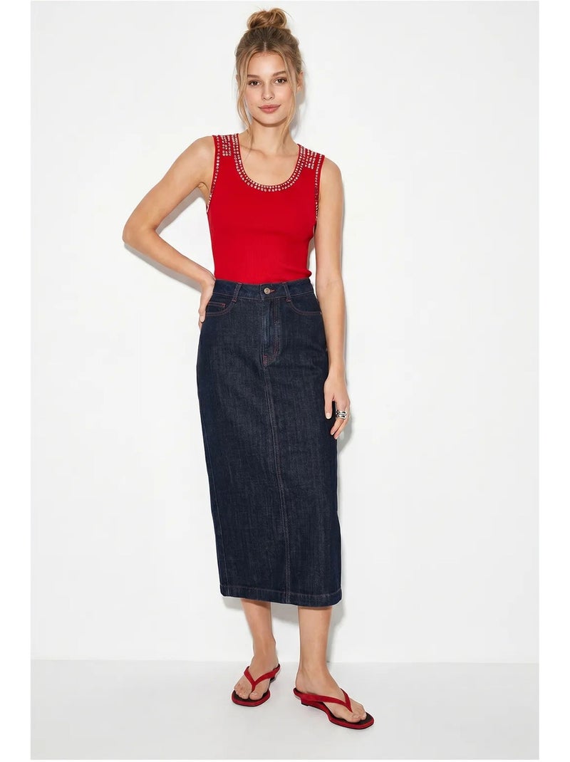 Top rib ronde hals met strass lucci Rood - Kiabi