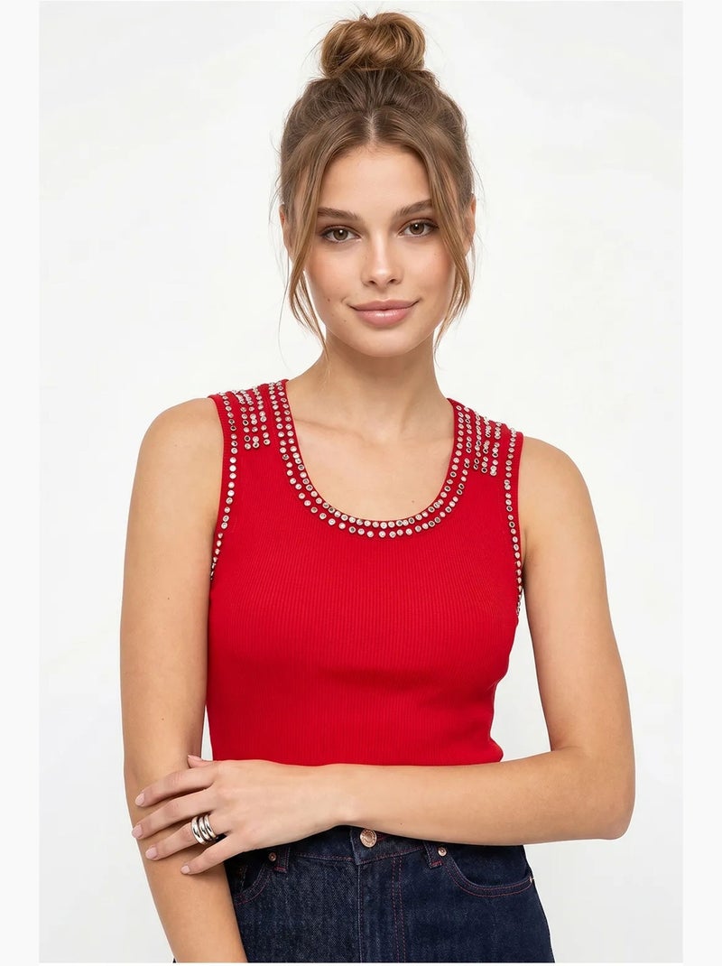 Top rib ronde hals met strass lucci Rood - Kiabi