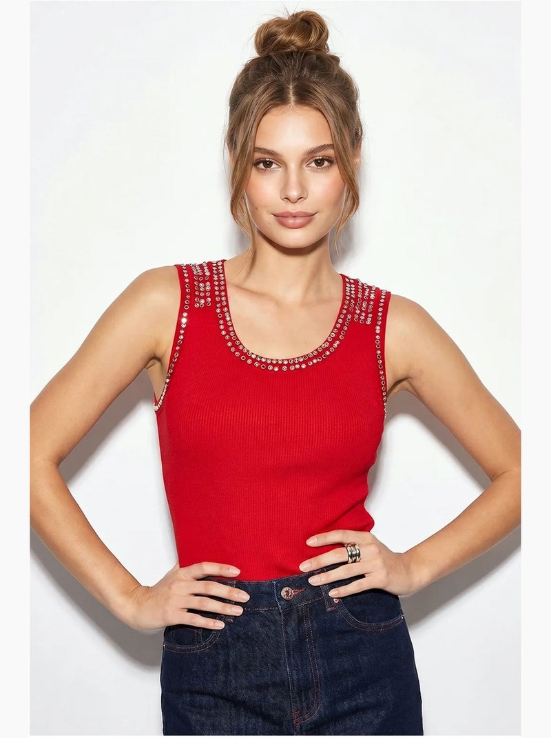 Top rib ronde hals met strass lucci Rood - Kiabi
