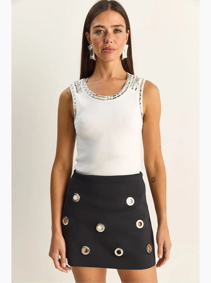 Top rib ronde hals met strass lucci Wit - Kiabi