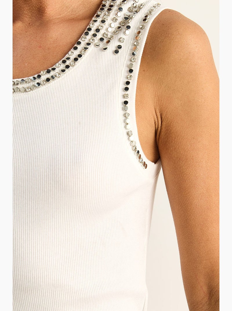 Top rib ronde hals met strass lucci Wit - Kiabi