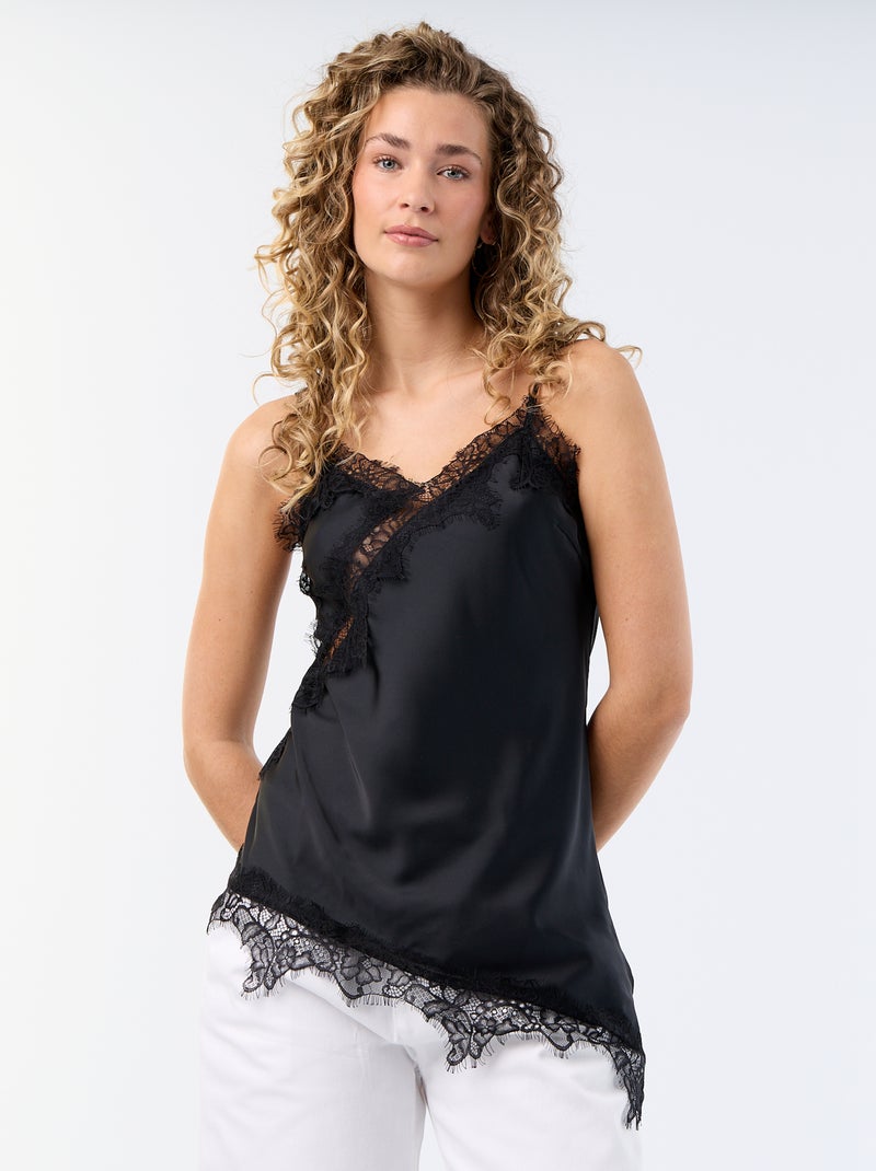 Top satiné asymétrique avec dentelle Noir - Kiabi