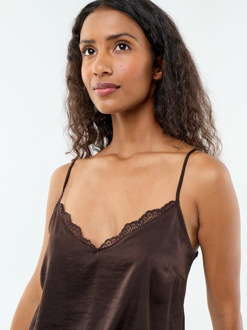 Top satiné avec dentelle Marron - Kiabi
