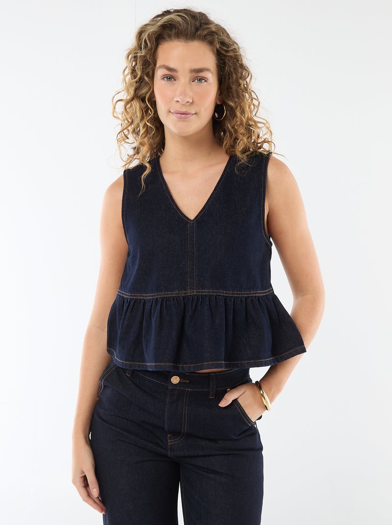 Top van denim met V-hals Blauw - Kiabi