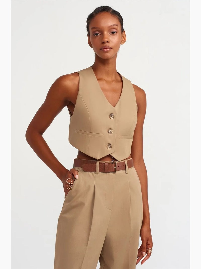 Top van katoen popeline v-hals dilvin Klei-beige - Kiabi