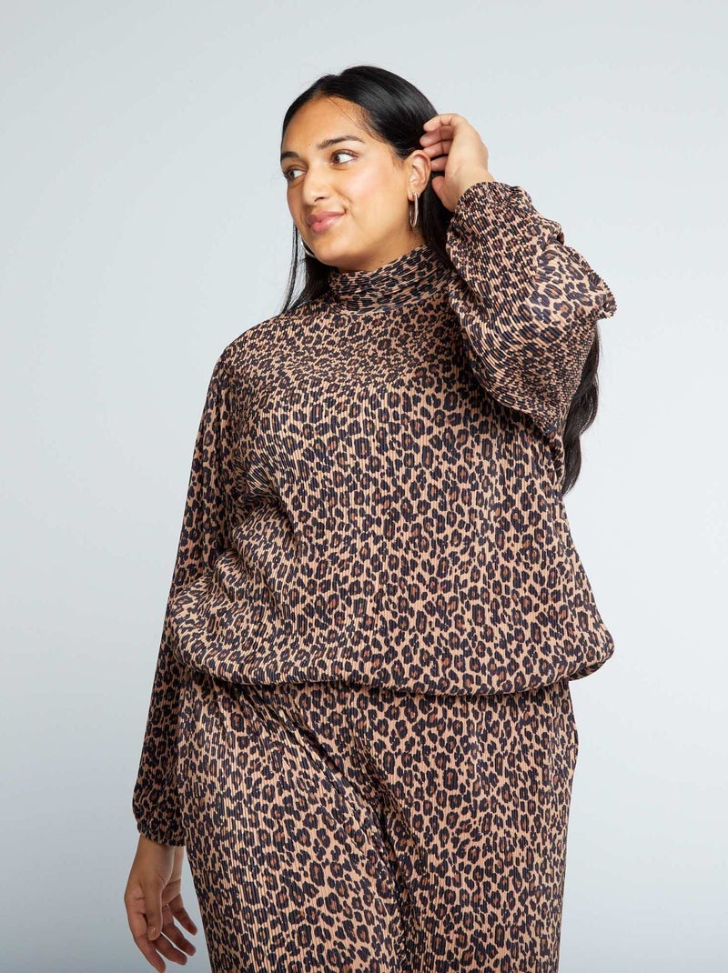 Top van plissétricot met luipaardprint BRUIN - Kiabi