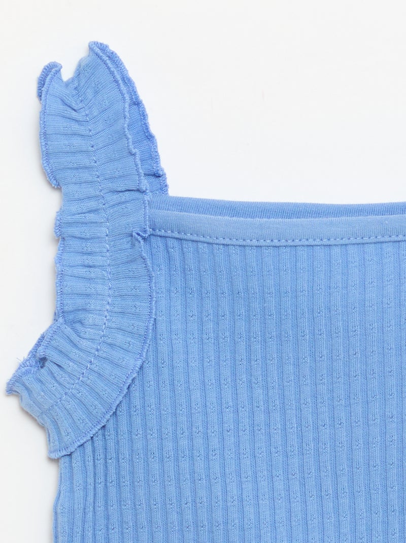 Top van ribpointelle met volantbandjes Blauw - Kiabi