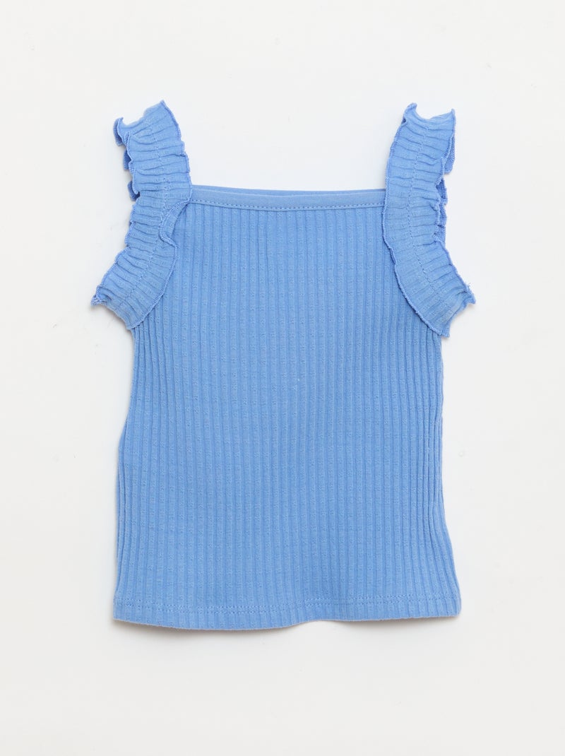 Top van ribpointelle met volantbandjes Blauw - Kiabi