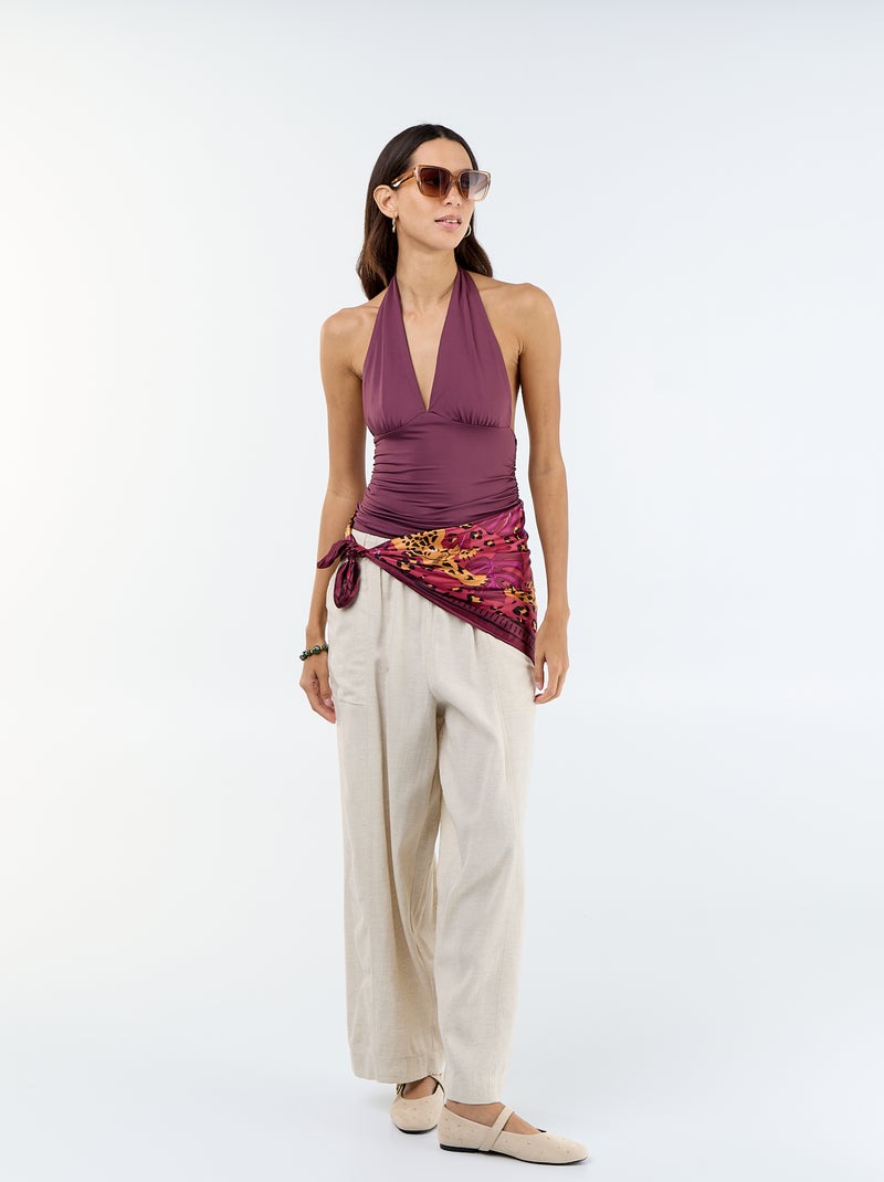 Top van stretchstof met colkraag Paars - Kiabi