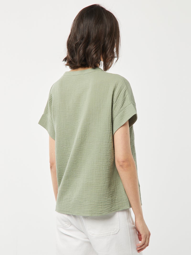 Top van zachte, luchtige katoen met borduursels Groen - Kiabi