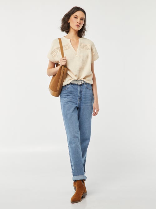 Top van zachte, luchtige katoen met borduursels - Kiabi