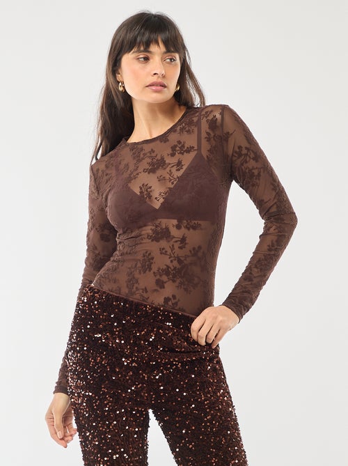 Transparante body met bloemen van velours - Kiabi