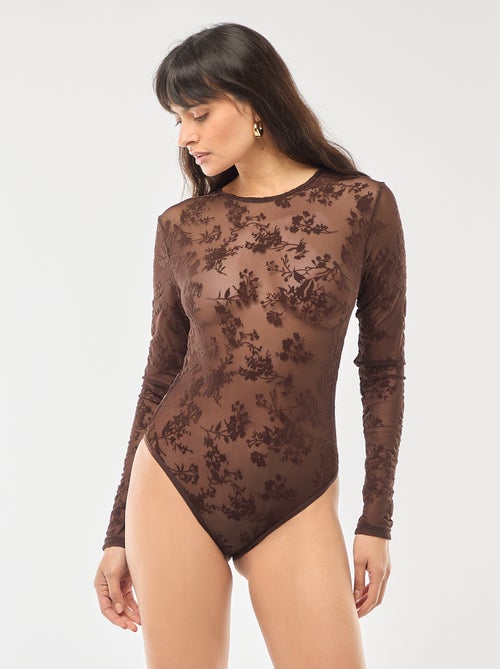 Transparante body met bloemen van velours - Kiabi