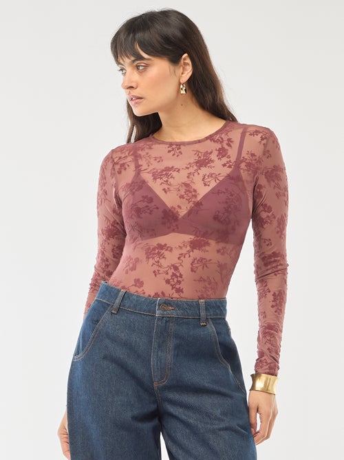 Transparante body met bloemen van velours - Kiabi