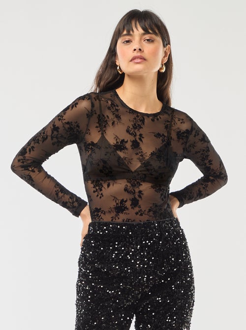 Transparante body met bloemen van velours - Kiabi