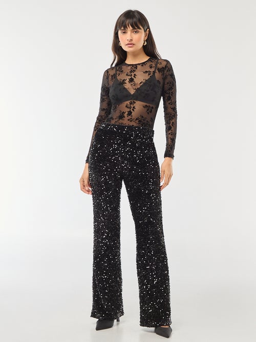 Transparante body met bloemen van velours - Kiabi