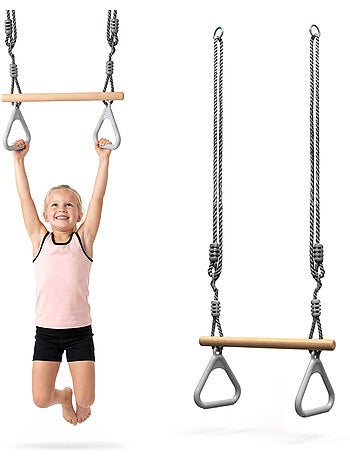 Trapèze de gymnastique enfant hypermotion avec anneaux et barre en bois dès 3 ans