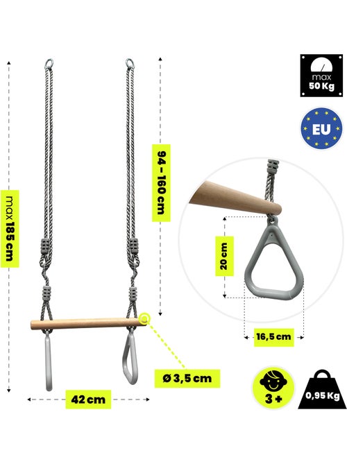 Trapèze de gymnastique enfant hypermotion avec anneaux et barre en bois dès 3 ans - Kiabi