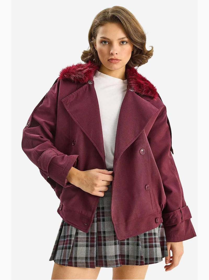 Trench-coat en fausse fourrure avec fermeture à boucle lucci Rouge bordeaux - Kiabi