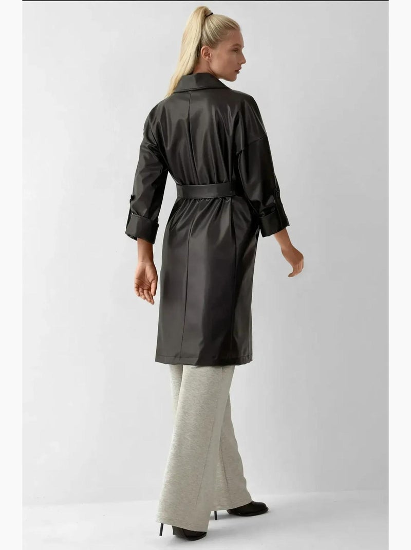 Trench-coat en similicuir avec ceinture bdart Noir - Kiabi