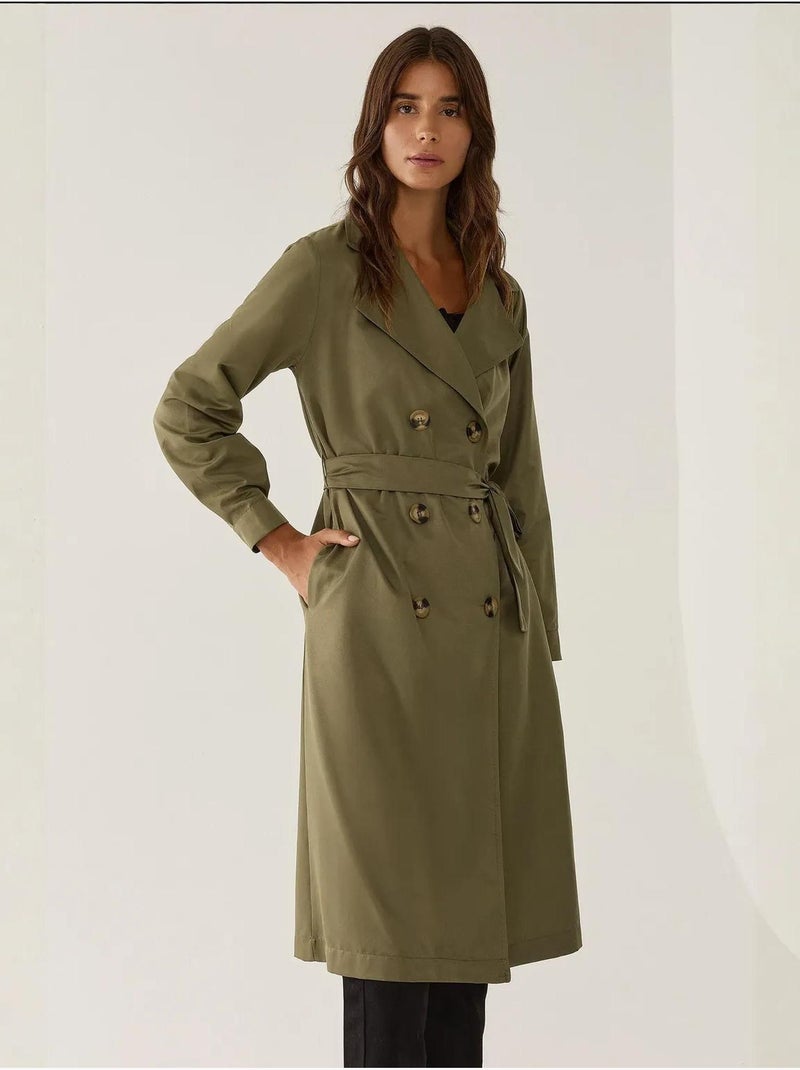 Trench-coat long croisé avec ceinture Vert kaki - Kiabi