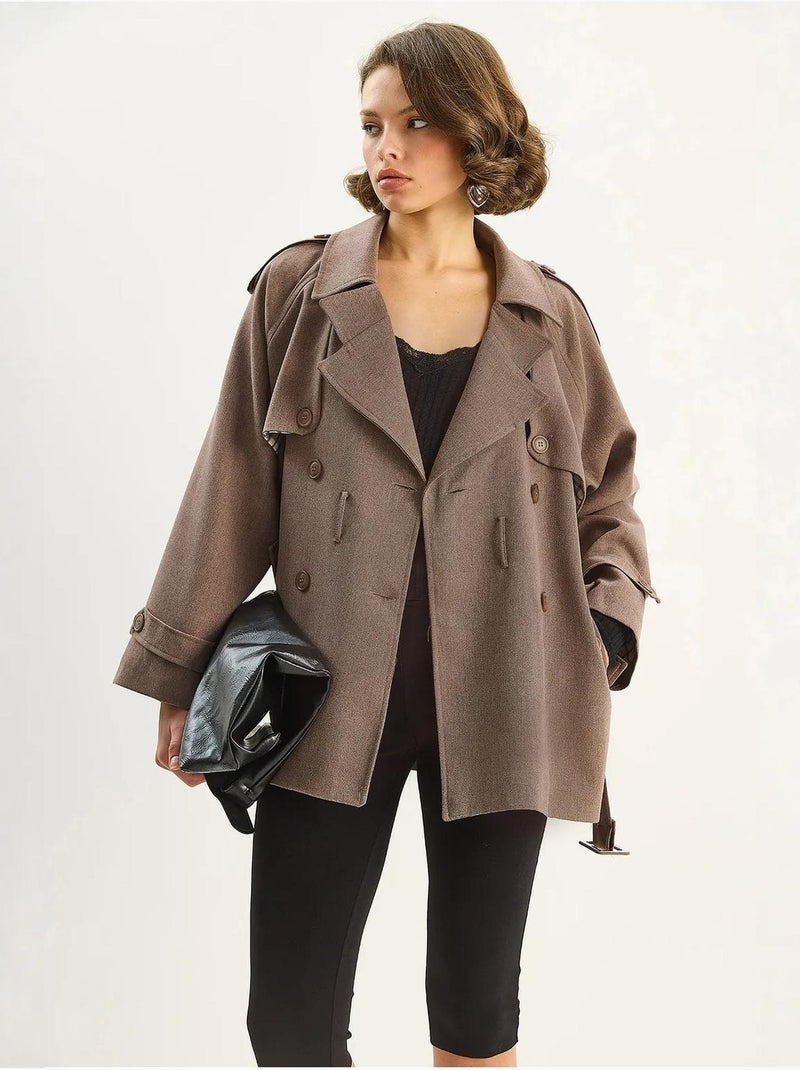 Trench-coat mi-long en mélange de coton avec fermeture boutonnée lucci Marron chocolat - Kiabi