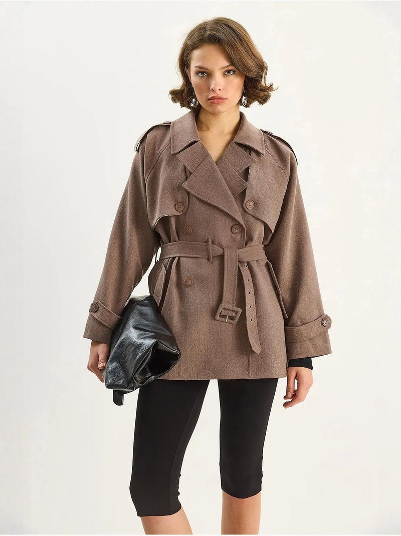 Trench-coat mi-long en mélange de coton avec fermeture boutonnée lucci Marron chocolat - Kiabi