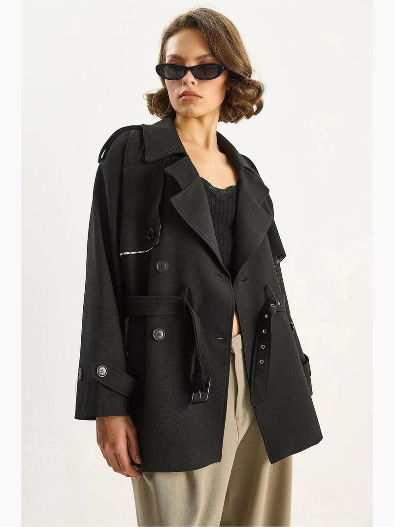 Trench-coat mi-long en mélange de coton avec fermeture boutonnée lucci Noir - Kiabi