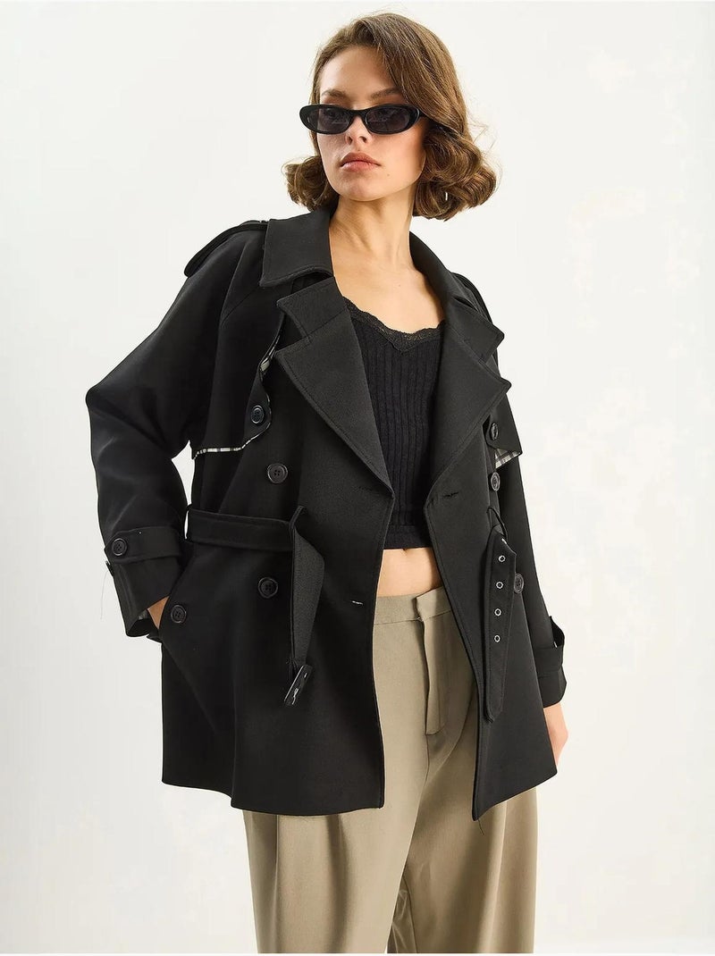 Trench-coat mi-long en mélange de coton avec fermeture boutonnée lucci Noir - Kiabi
