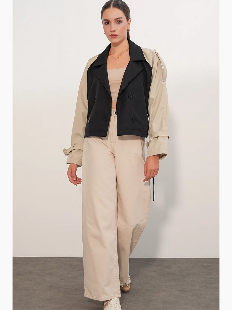 Trench court ceinturé bdart Noir Beige - Kiabi