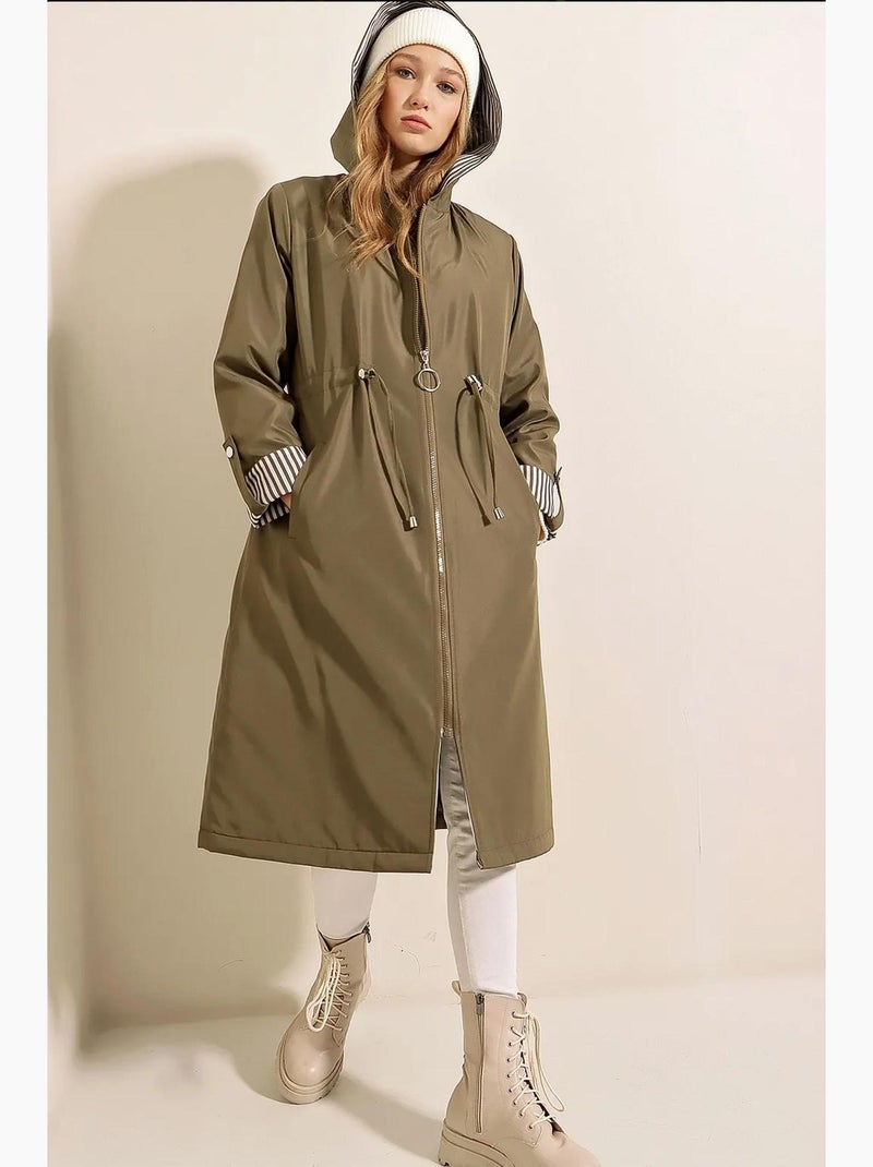 Trench long à capuche zippé bdart Kaki - Kiabi