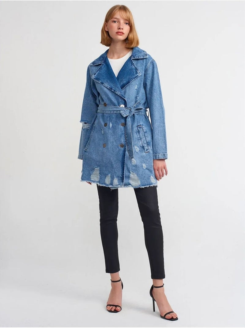 Trench long en denim de coton dilvin Bleu saphir - Kiabi